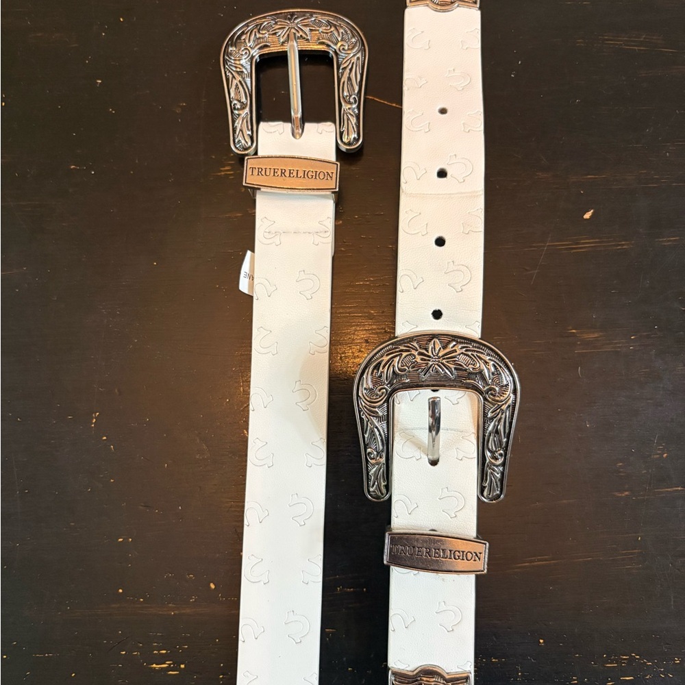True Religion White Leather Western Buckle Belt with Silver Accents